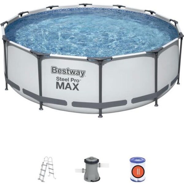 Kit Piscine hors sol tubulaire BESTWAY Steel Pro Max- 366 x 100 cm - Ronde (Livrée avec filtre a cartouche + échelle de sécurité)