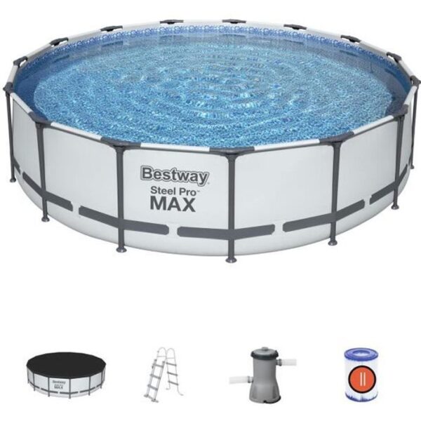 Kit Piscine hors sol tubulaire BESTWAY Steel Pro Max- 457 x 107 cm - Ronde (Avec pompe de filtration, échelle + bâche)