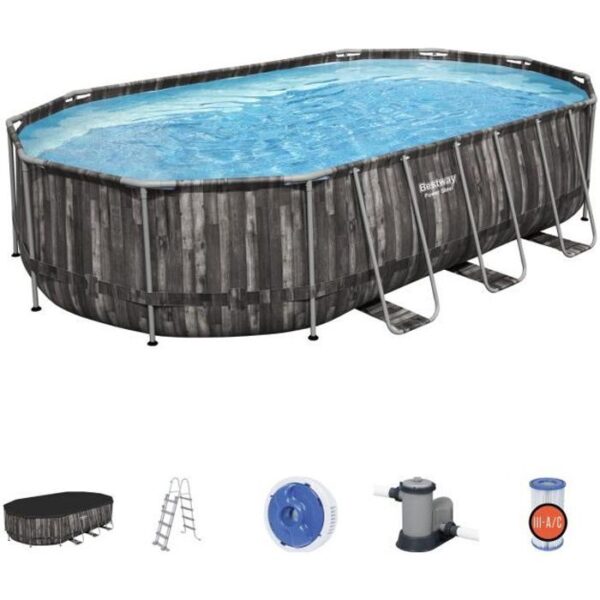 Kit Piscine hors sol tubulaire BESTWAY - Power Steel - 610 x 366 x 122 cm - Ovale (Avec épurateur, échelle, bâche)
