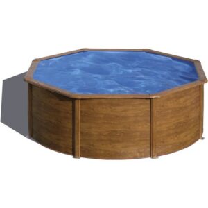 GRE - Kit Piscine ronde acier Ø3,70m x H: 1,22m - Imitation bois - Filtration a cartouche (livrée avec filtre a cartouche + échelle)